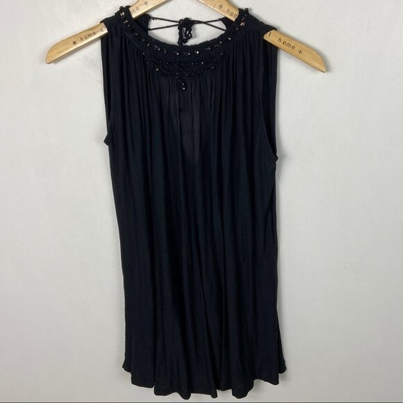 Free People Beaded Crew Neck Tunic Top Black Oversized Bohemian Tie Back Long S - Picture 8 of 9